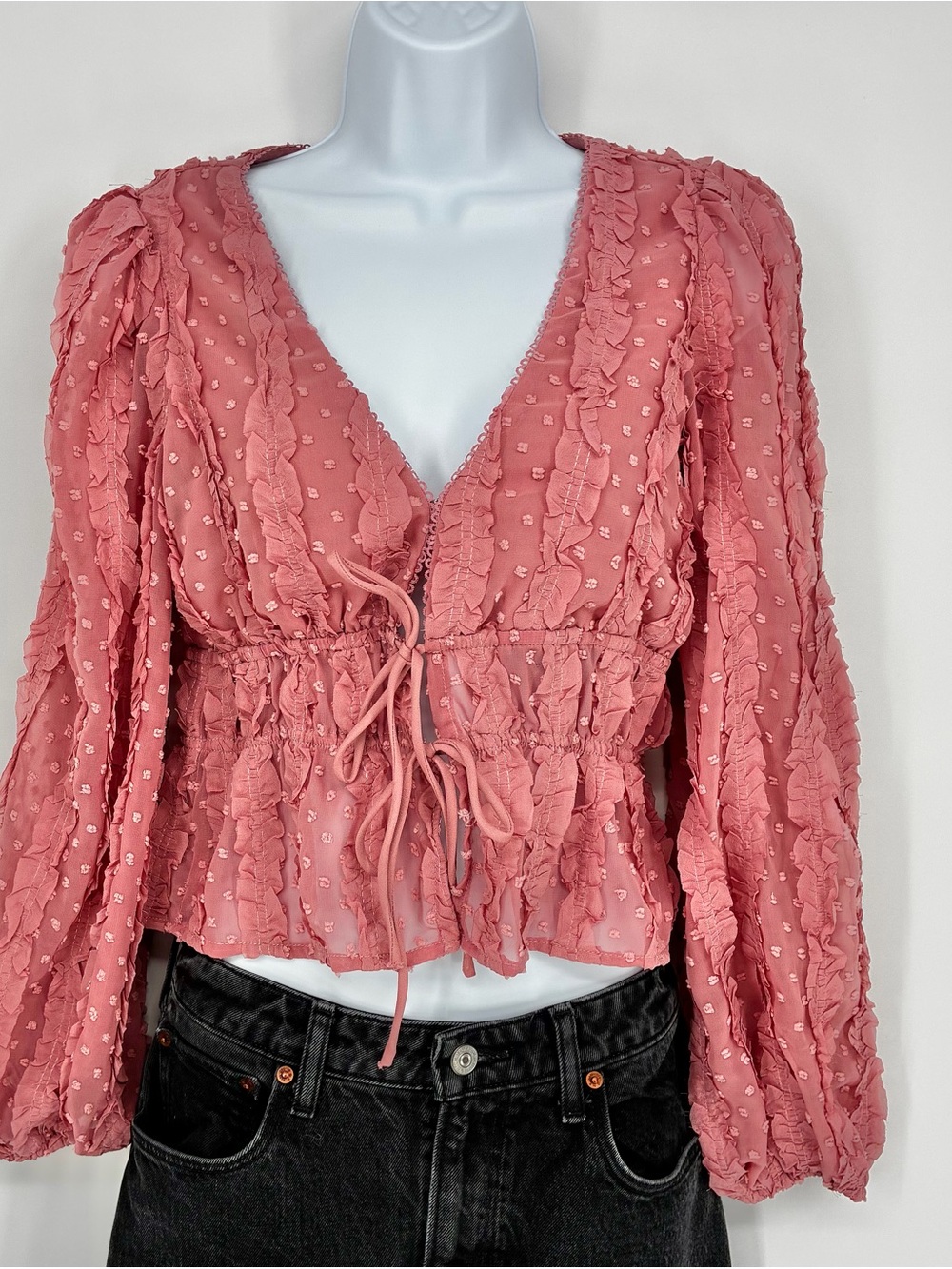 All in Favor Clip Dot Ruffle Tie Front Blouse Mauve Pink XS